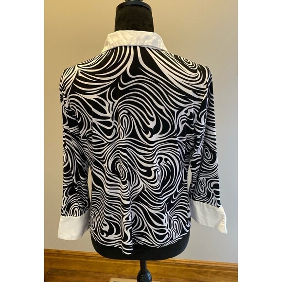 Worthington Blouse Sz Large Abstract Black & White Print Collared Top + Stretch - Picture 5 of 11